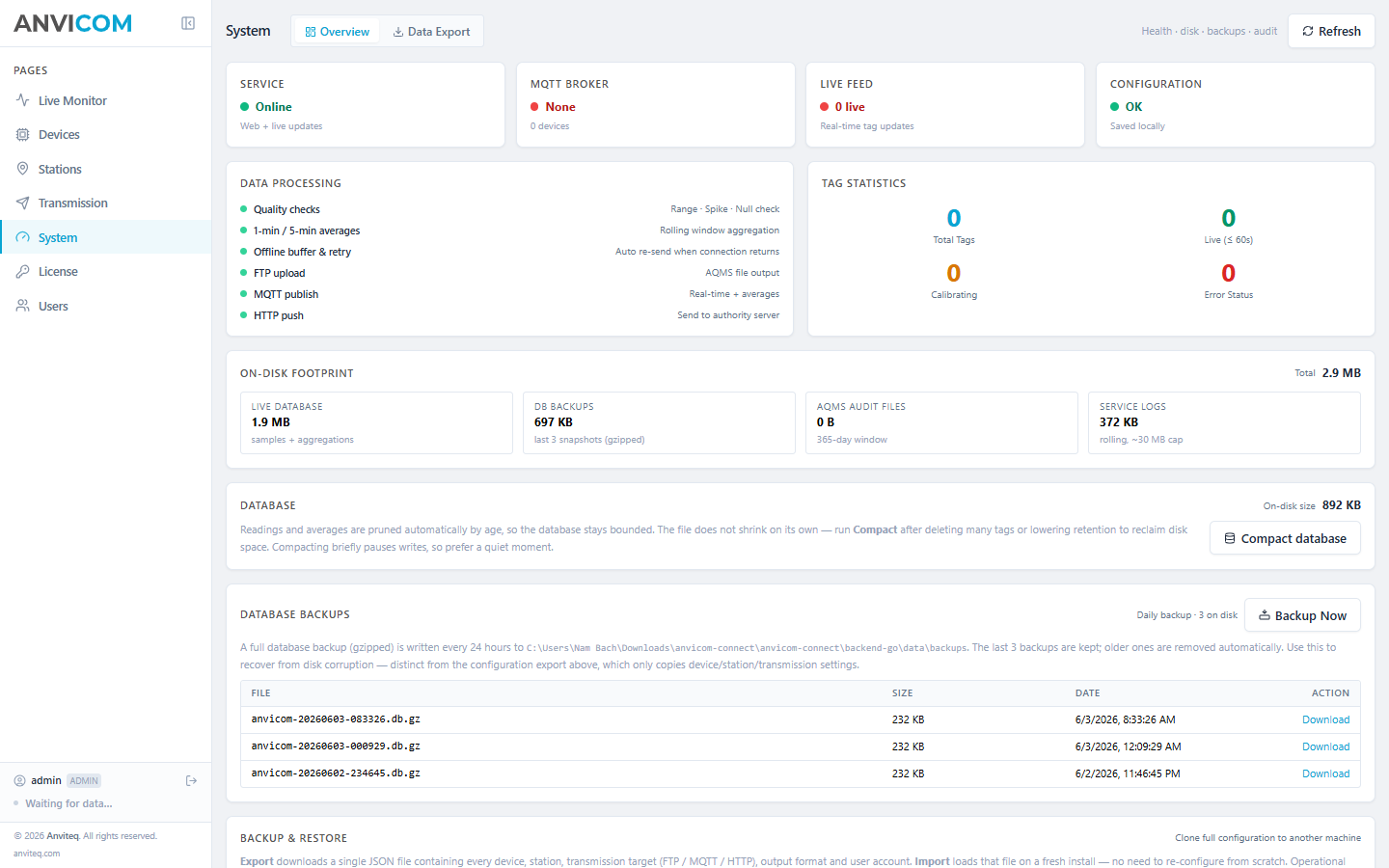System overview — service health, MQTT broker, live feed, tag statistics, on-disk footprint, daily DB backups with download buttons