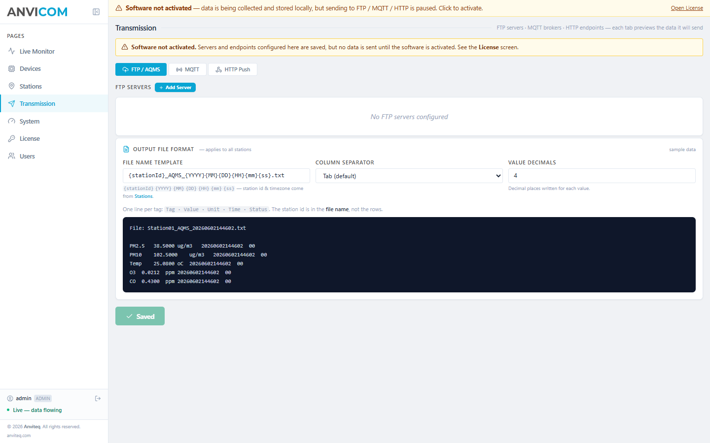 Transmission setup — FTP / MQTT / HTTP tabs with file-name template and a live preview of a generated AQMS .txt with PM2.5, PM10, Temp, O3, CO sample rows